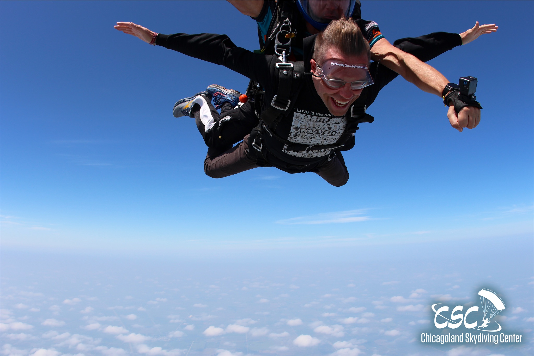 Andrew DeCort skydives at the Chicago Skydiving Center