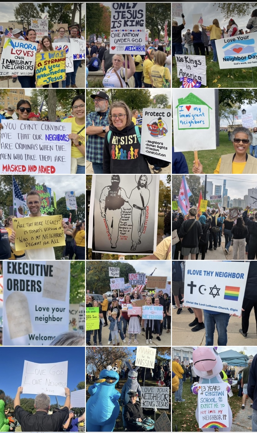 Signs from the No Kings protest on October 18, 2025 demand us to love our neighbors as ourselves